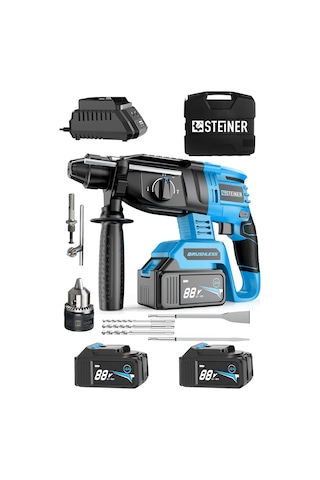 Steiner 88V 5Ah Çift Akülü Darbeli Kırıcı Delici Matkap Mavi + Mandren + 5 Parça Uç