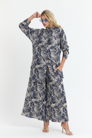 Schık Kadın Viskon Rahat Bol Paça Truvakar Kol Önü Düğme Baskılı Takım Lacivert