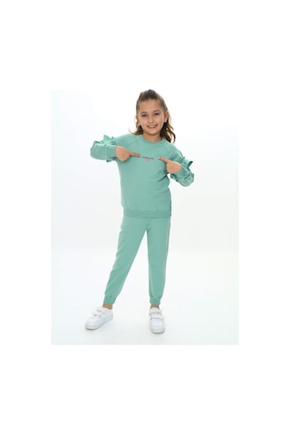 Toontoy Kids Toontoy Kız Çocuk 2'li Takım Baskılı Bisiklet Yaka Reglan Kol Fırfırlı Sweatshirt & Beli Paçası Lastikli Cepli Jogger Eşofman Altı - 2 İplik Yeşil