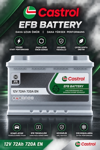 Castrol 12v 72 Ah Amper 720a En Efb Start-stop Akü L3 Kasa Üretim Yılı: 2026