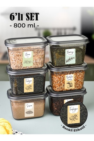 Vienev Renkli Etiketli 6lı Peggy Dikdörtgen Baharatlık Seti 800 Ml Antrasit Şeffaf
