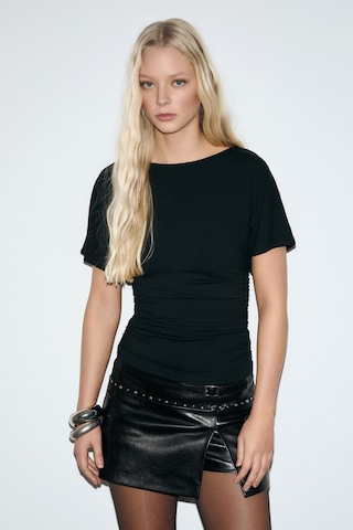 Grımelange Condımento Kadın Yumuşak Ve Esnek Kumaşlı Büzgülü Slim Fit Siyah Bluz Siyah