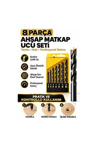 8 Parça Ahşap Matkap Ucu Seti 3-10 Mm Delme Uçları