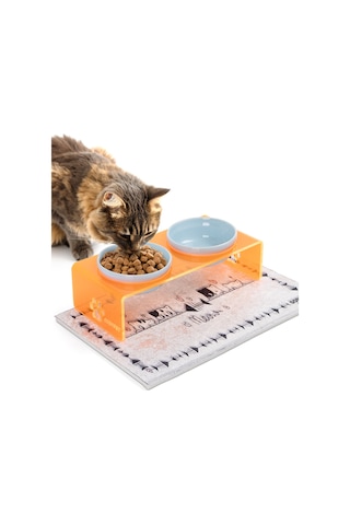 Gobypet 2'li Turuncu Pleksi Dekoratif Kedi Ve Köpek Seramik Mama & Su Kabı + Paspas