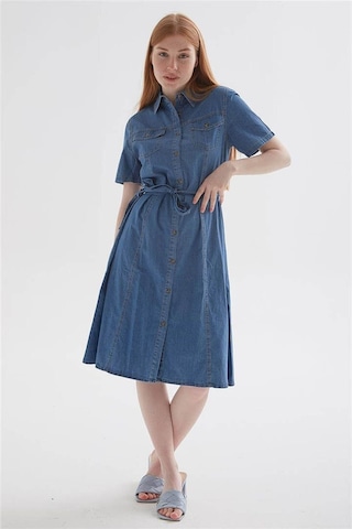 Fashion Friends Kısa Kollu Kemerli Midi Denim Elbise Elbise 24y0108k1 Mavi