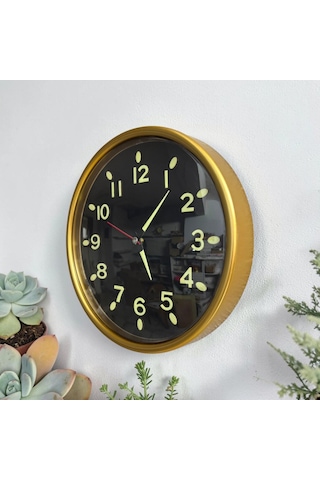Fosforlu 3d Bombeli Cam Sessiz Akar Saniye Duvar Saati Gold Siyah Çap 28 Cm
