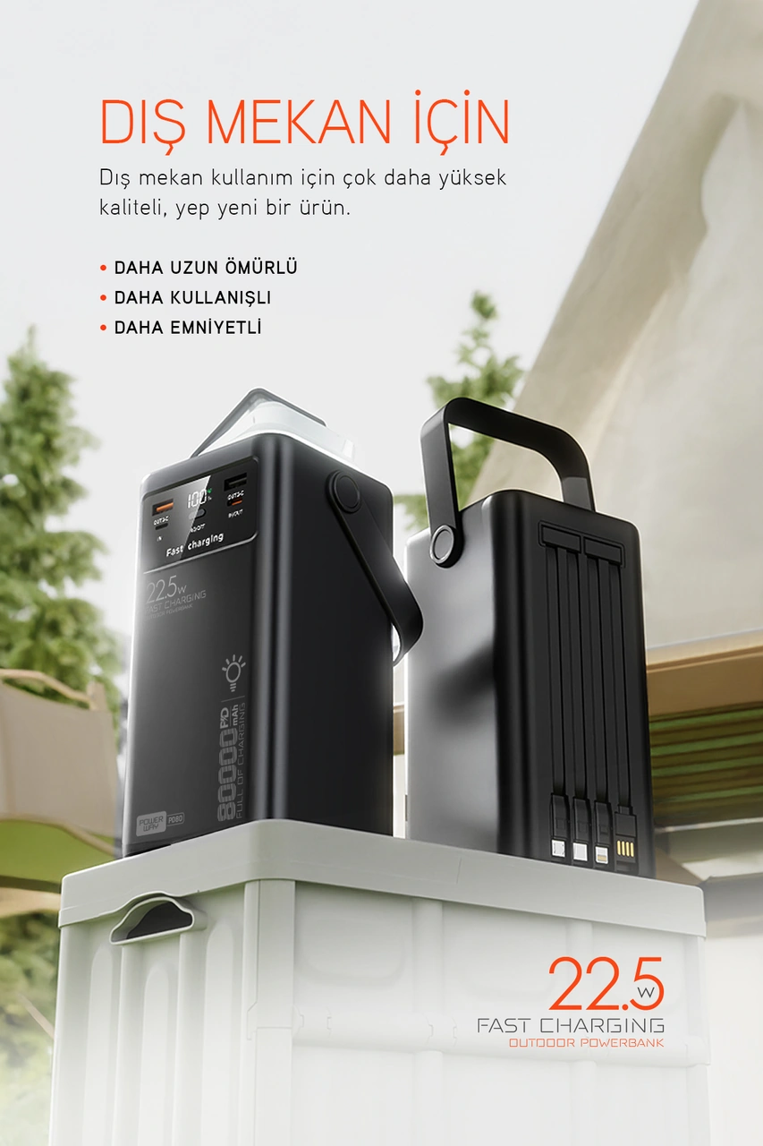 Powerway Pd80 Kamp Powerbank Gerçek 80.000 Mah Pd 22.5w Hızlı Şarj Led Fenerli Ve Dahili Kablolu Siyah