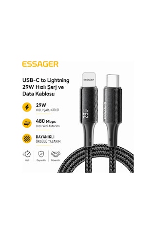 Essager 29w Usb-c To Lightning Hızlı Şarj Ve Data Kablosu 2 Metre Apple iPhone Uyumlu 480mbps Örgülü Desen - Ben10