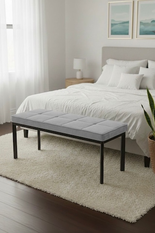 Vena 105x40 Bench - Babyface Kumaş Çımalı Döşeme Puf Bench Siyah Ayaklı Gri