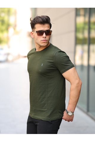 Erkek Haki Slim Fit Bisiklet Yaka %100 Pamuk Tişört Haki