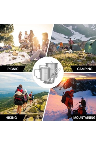 Fortunelane 300ml + 200ml Titanyum Bardak Çatal Kaşık Setli Katlanır Titan, Gümüş Renk Gümüş