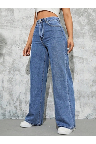 Palazzo Pantolon Orta Mavi Yüksek Bel Geniş Paça Bol Kesim Premium Jeans Orta Mavi
