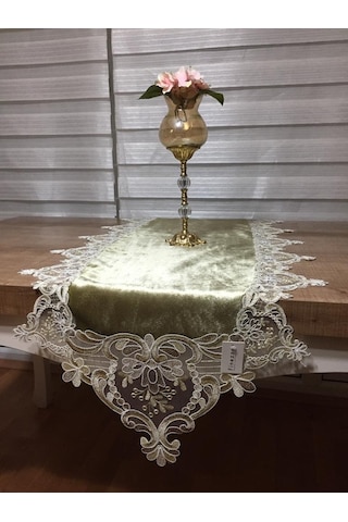 Gelin Çeyiz Yeşil Kadife Dantelli Runner