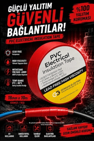 Kırmızı Profesyonel Pvc Elektrik Bandı 18mm X 10m Güçlü Yapışkanlı, 600v Dayanımlı, Esnek İzolasyo