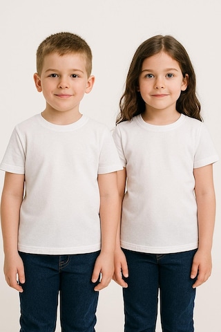 Luess Unisex Çocuk %100 Pamuklu Bisiklet Yaka Basict-shirt 3 Yaş - 7 Yaş Beyaz