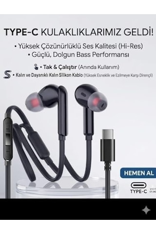 Kalın Silikon Kablolu Type C Kulaklık Tüm Typec Çıkışlı Cihazlara Uyumlu Tak Çalıştır Tak Kullan Mükemel Ses Bass Tiz Mikrofon Aaa Kalite Siyah Tc21