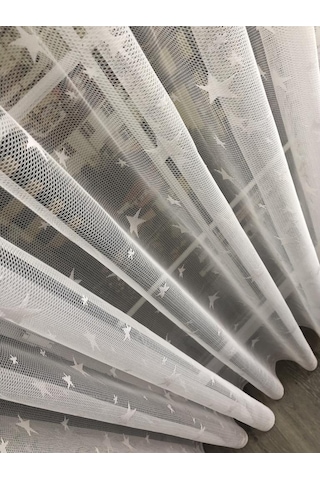 Tül Perde Çocuk Odası Irili Ufaklı Yıldız Desen Örme Kumaş Ekru