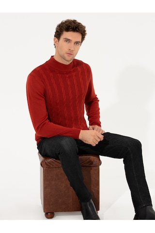 Cacharel Kiremit Slim Fit Yarım Balıkçı Triko Kazak Kırmızı