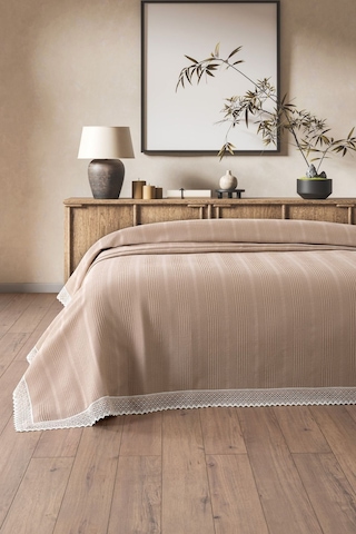 %100 Pamuk Çift Kişilik Kopanaki Dantelli Waffle Pike-210x230 Cm-kapuçino Petek Pike Cappuccıno Cappuccino