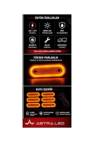 6 Adet Neon Led Yan Etek Lambası 12v/24v Turuncu Pozisyon Lambası Tır Kamyon Dorse Treyler Universal