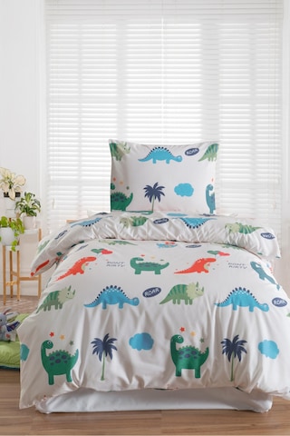 Eponj Home Tek Kişilik Pamuklu Nevresim Takımı 3 Parça Dinocuklar Desen Beyaz / Yumuşak Dokulu Beyaz