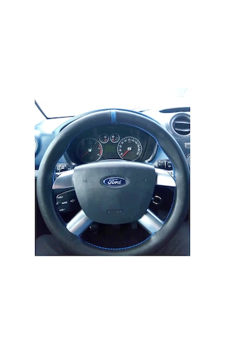 Dikişli Direksiyon Kılıfı Siyah Deri Mavi Yüzük Mavi Dikişli Ford Connect İçin Mavi