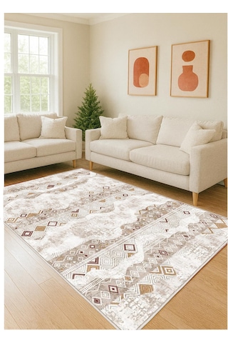 Krem Dijital Baskı Salon Halısı Kaymaz Tabanlı Yıkanabilir Halı Yolluk 532 Krem