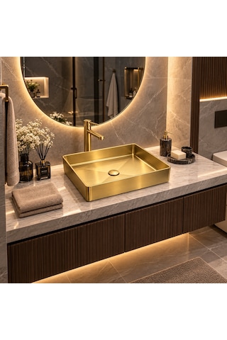 Alfas Aura 51x36cm Dikdörtgen Tezgah Üstü Tezgah Altı Çanak Lavabo Pvd Mat Gold 304 Paslanmaz Çelik