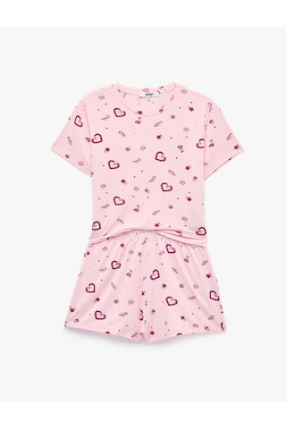 Koton Kalp Desenli Rahat Kalıp Kısa Kollu Bisiklet Yaka Şortlu Pijama Takımı Pembe Desenli 7wlk40333mk