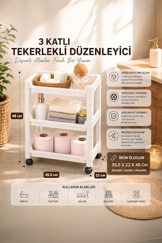 Porsima Rafty-73-1 Tekerlekli 4 Katlı Düzenleyici Geniş Raf Beyaz