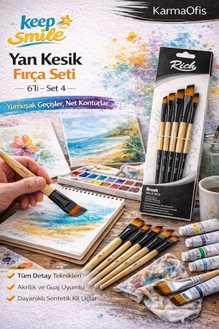 6 Lı Yan Kesik Fırça Seti Set 4 Açılı Uçlu Akrilik Boya Fırçası, Guaj&hobi Uyumlu Profesyonel Set
