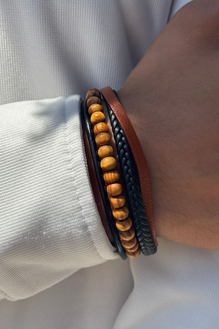 Taşlı El İşçiliği İle Üretilmiş Hakiki Deri Erkek Bileklik Sarı