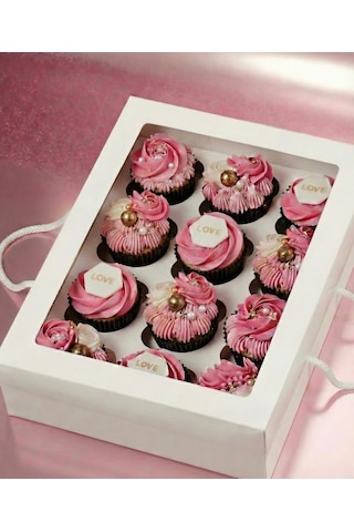 12 Li Cupcake Kutusu Asetat Pencereli İpli Yeni 35x26x11