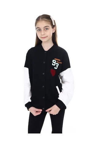 Toontoy Kız Çocuk Kolej Yaka Çıtçıt Kapama Cepli Düşük Omuz Baskılı Renk Bloklu Örme Hırka - 2 İplik Şardonlu Siyah