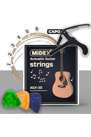 Midex Agx-20c Akustik Gitar Teli Takımı Pena Ve Kapo Capo Seti