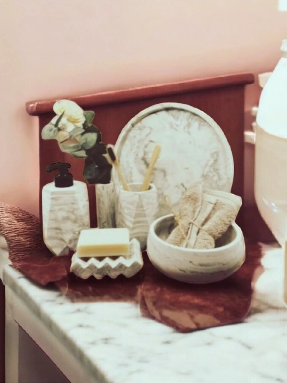 6'lı Bej Mermer Desen Beton Banyo Seti ,sıvı Sabunluk Diş Fırçalığı Aksesuar Takımi,havluluk,tepsi Bej