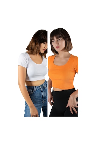 Terapi Men 2'li Paket Beyaz Turuncu Havuz Yaka Fitted/vücuda Oturan Kısa Kol Crop Tişört Beyaz Turuncu