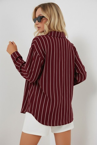 Bigdart Kadın Çizgili Oversize Gömlek 20293 - Bordo