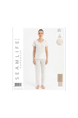 Seamlife Kadın %100 Pamuk Kalp Desenli Önü Düğmeli Kısa Kollu Pijama Takımı 18121787 Beyaz