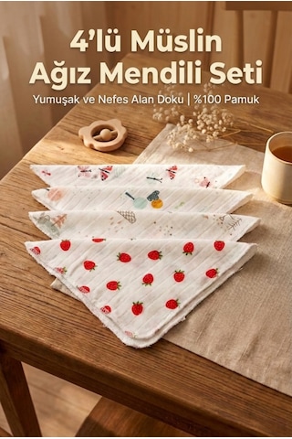 Modern Desenli Müslin Bebek Ağız Mendili Günlük Kullanım İçin Yumuşak Dokulu 25 x 25 CM 4'lü Set