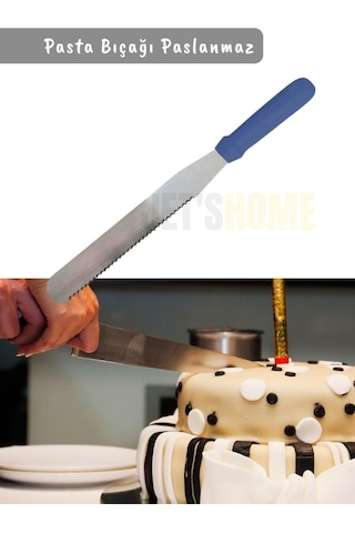 Pasta Bıçağı Tırtıklı Pasta Spatulası Paslanmaz Çelik 38 Cm Mavi-gümüş