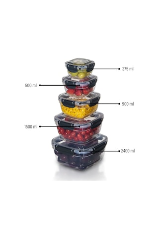 5'li Set Master Kare Saklama Kabı 275 ML - 500 ML - 900 ML - 1500 ML - 2400 ML 001