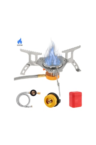 Yaozixa Taşınabilir 3000w Camping Ocağı - Piezo Çakmaklı, Ateş Kontrolü, Uzun Gaz Tankı Adaptörü Ve Hortum İle Gümüş