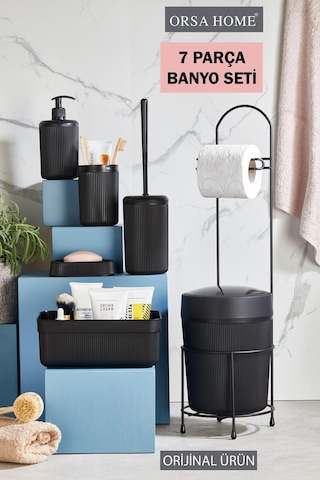7 Parça Siyah Banyo Seti Metal Stantlı Kovalı Wc Kağıtlık Kozmetik Kutusu Diş Fırçalık Ve Sabunlukla