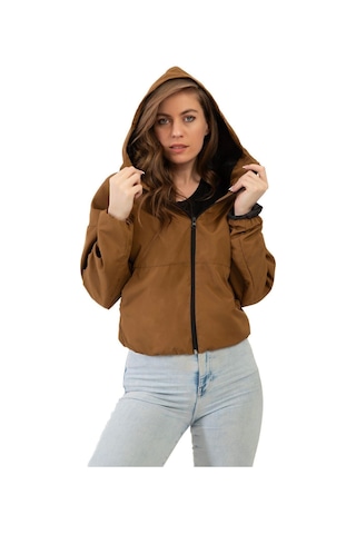 Spor Kadın Kapüşonlu Su Ve Rüzgar Geçirmez Oversize Yağmurluk - Rüzgarlık-132 Taba