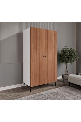 Esen 2 Kapılı 6 Bölmeli Bambu-beyaz Ayaklı Elbise Dolabı
