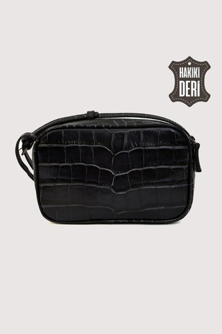 Hakiki Deri Kadın Çapraz Omuz Çantası Siyah Kroko Smr8975 Siyah Kroko