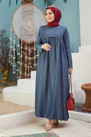 Neways 6598-Büzgülü Liyosel Elbise Koyu Mavi