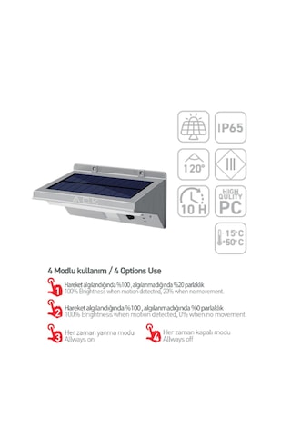 Ack Ag60-07851 Ip65 Hareket Sensörlü Solar Led Bahçe Duvar Apliği
