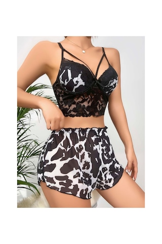Mr Owl Kadın Siyah Leopar Desenli Dantel Detaylı Şortlu Pijama Takımı